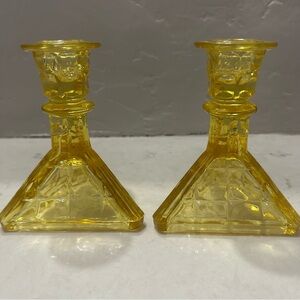 Tiara Indiana Glass Yellow Mist Constellation Candle Holders Pair